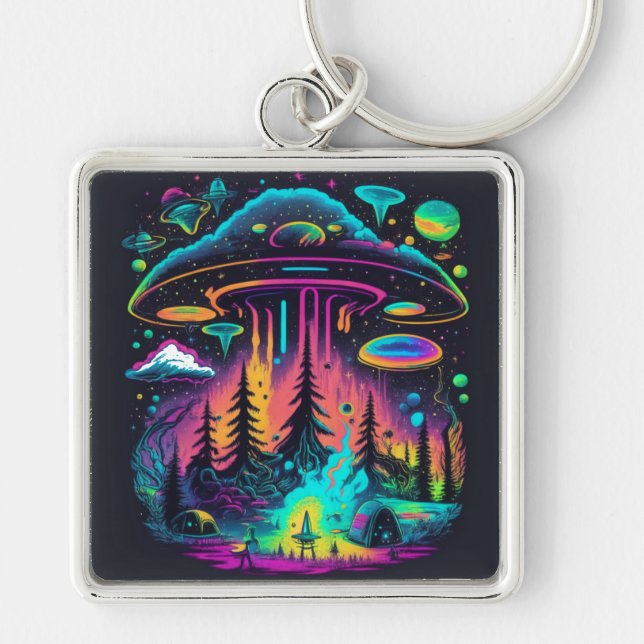 Neon UFO and Alien Scene Psychedelic Art Key Ring (Front)