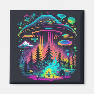 Neon UFO and Alien Scene Psychedelic Art Magnet