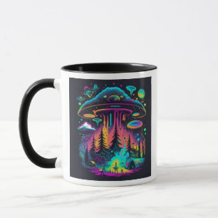 Neon UFO and Alien Scene Psychedelic Art Mug