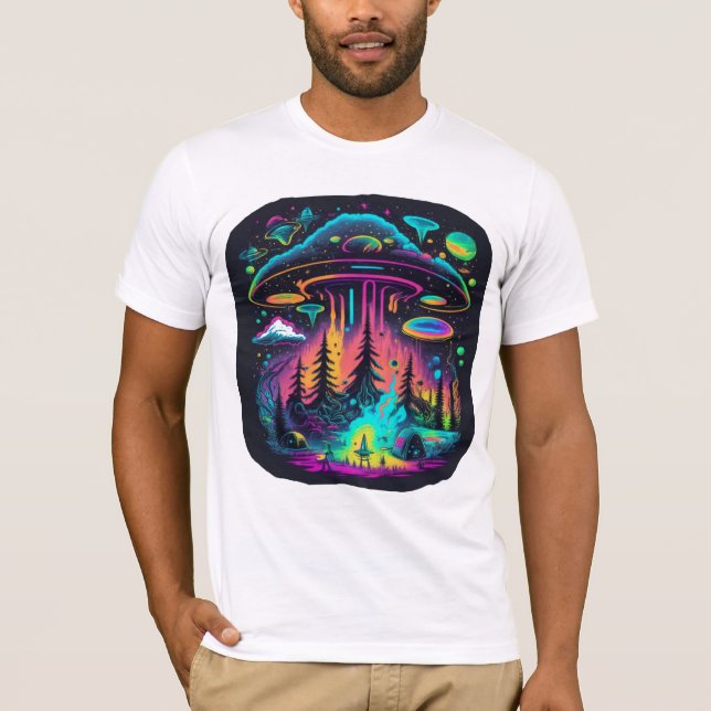 Neon UFO and Alien Scene Psychedelic Art T-Shirt (Front)