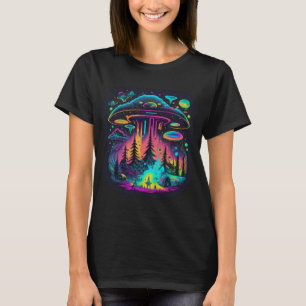 Neon UFO and Alien Scene Psychedelic Art T-Shirt