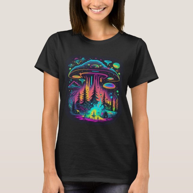 Neon UFO and Alien Scene Psychedelic Art T-Shirt (Front)