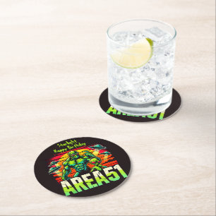 Neon UFOs Hover Over Area 51 Round Paper Coaster