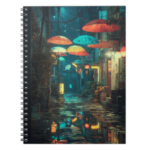 Neon Umbrella Alley Rainy Night Notebook