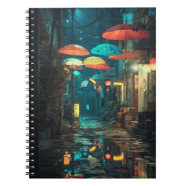 Neon Umbrella Alley Rainy Night Notebook (Front)