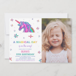 Neon Unicorn Birthday Invitations with photo