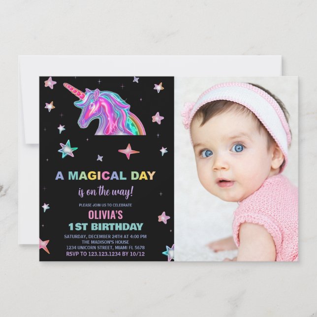 Neon Unicorn Birthday Invitations with photo (Front)
