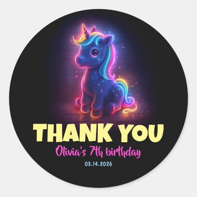 Neon Unicorn Birthday Thank You Classic Round Sticker (Front)