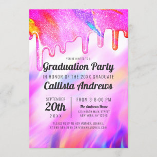 Neon Unicorn Holographic Glitter Drips Graduation Invitation