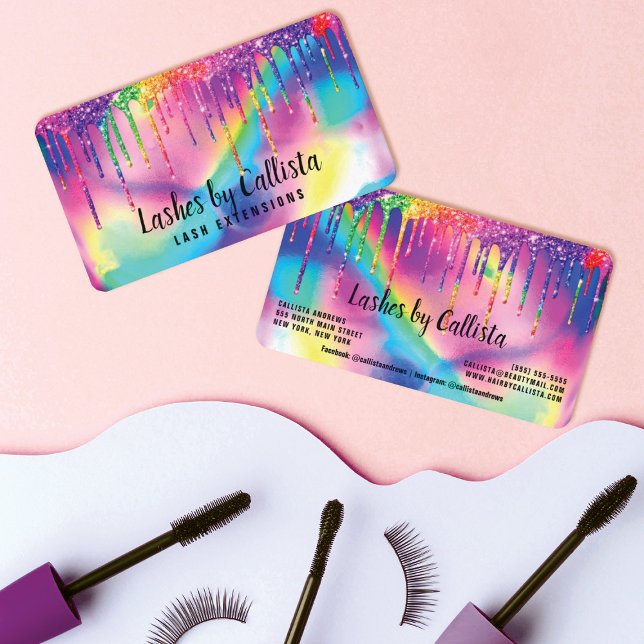 Neon Unicorn Holographic Glitter Drips Lashes Business Card (Creator Uploaded)