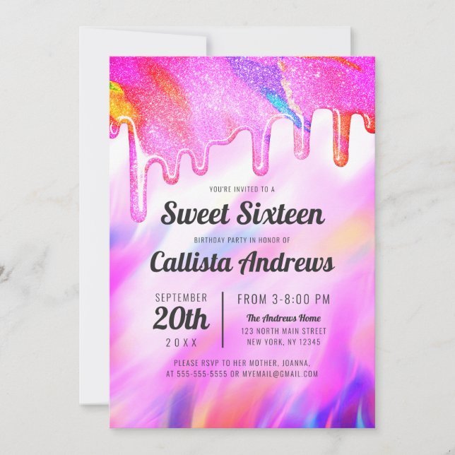 Neon Unicorn Holographic Glitter Drips Sweet 16 Invitation (Front)