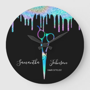 Neon Unicorn Holographic hairstylist hairdresser B Large Clock