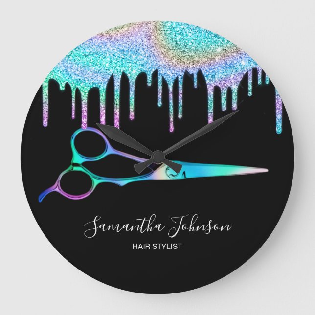 Neon Unicorn Holographic hairstylist hairdresser B Large Clock (Front)