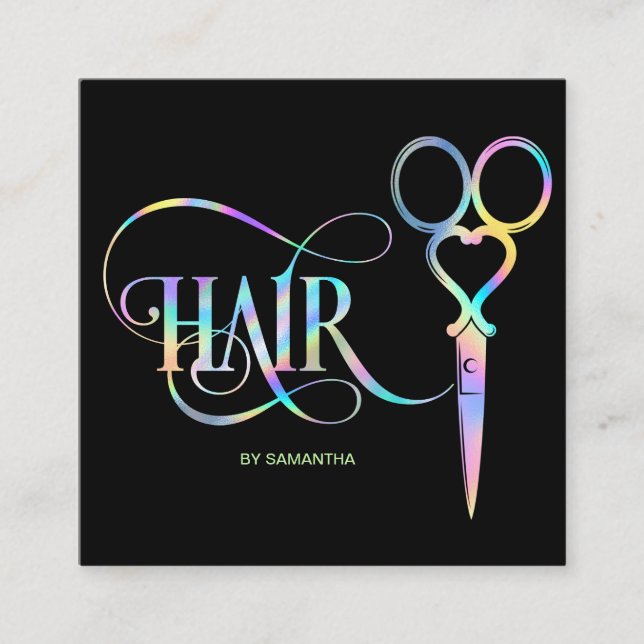 Neon Unicorn Holographic hairstylist hairdresser Square Business Card (Front)