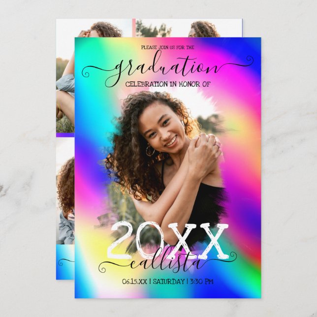 Neon Unicorn Holographic Photo Collage Graduation Invitation (Front/Back)