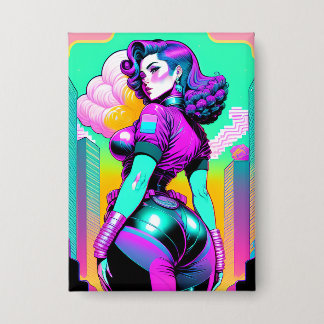 Neon Vaporwave Pinup Girl Button