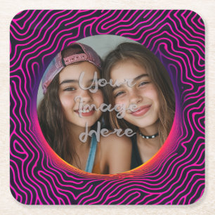 Neon Vaporwave Swirl Custom Photo Frame Square Paper Coaster