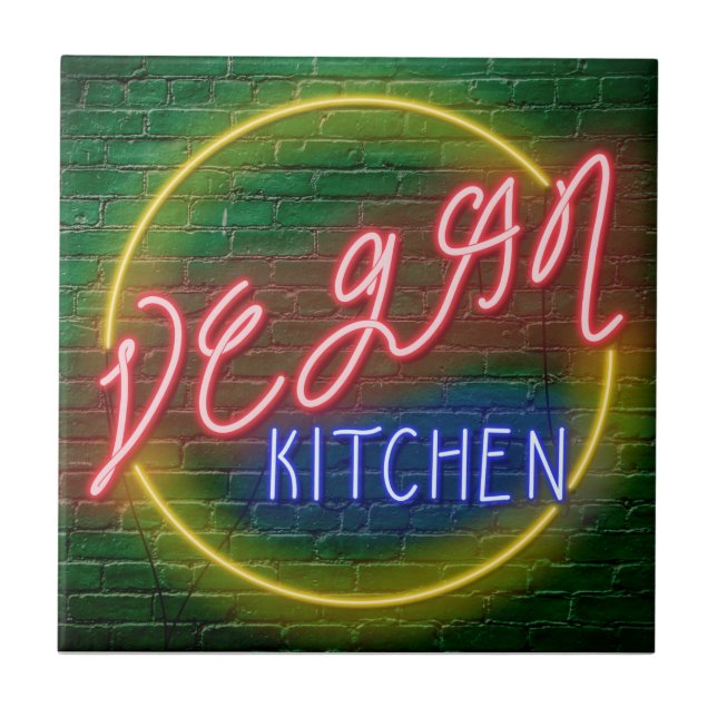 Neon Vegan Kitchen Sign Ceramic Tile (Front)
