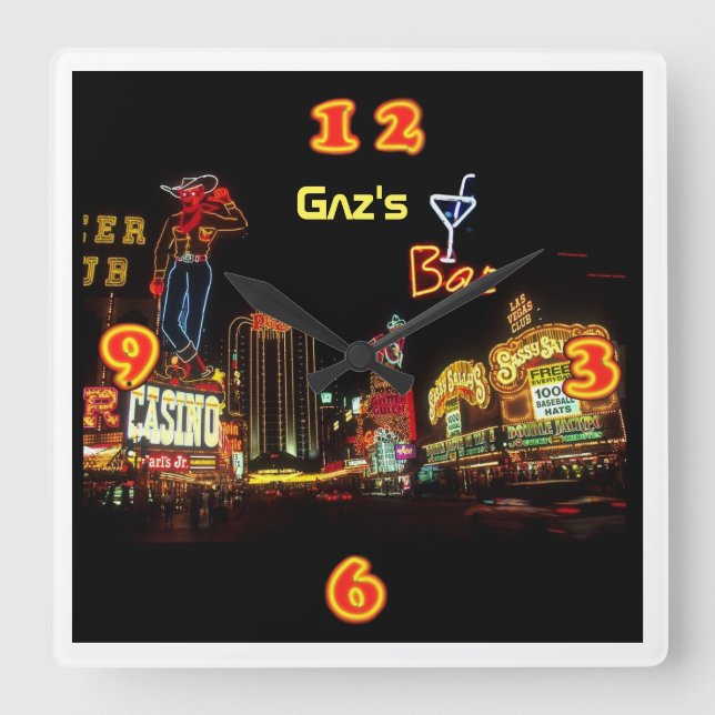 Neon Vegas Home Bar Personalised Square Wall Clock (Front)