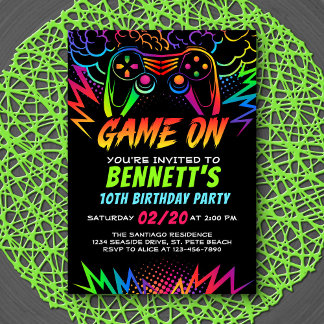 Neon Video Game Controller Birthday Invitation