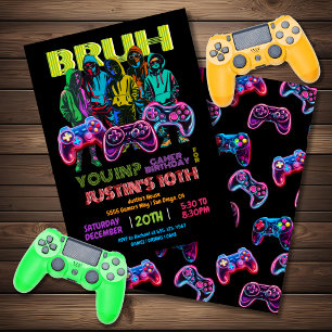 Neon Video Gamer Birthday Party Bruh you in Invitation