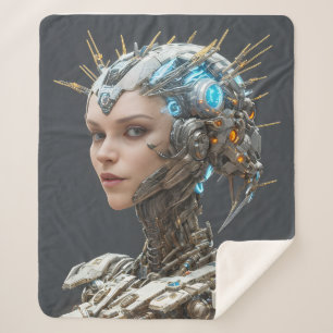 Neon Visionary: A Cybernetic Female Sherpa Blanket