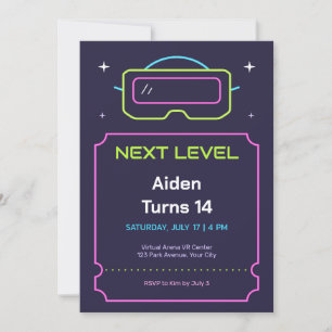 Neon VR Headset Gamer 14th Birthday Invitation