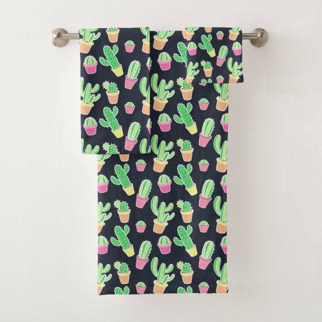 Neon Watercolor Cacti in Pots Pattern Bath Towel Set (Insitu)