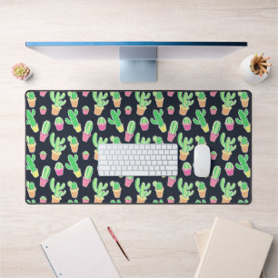 Neon Watercolor Cacti in Pots Pattern Desk Mat
