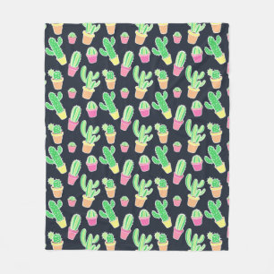 Neon Watercolor Cacti in Pots Pattern Fleece Blanket