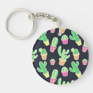 Neon Watercolor Cacti in Pots Pattern Key Ring