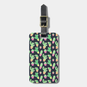 Neon Watercolor Cacti in Pots Pattern Luggage Tag