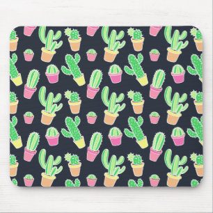 Neon Watercolor Cacti in Pots Pattern Mouse Pad