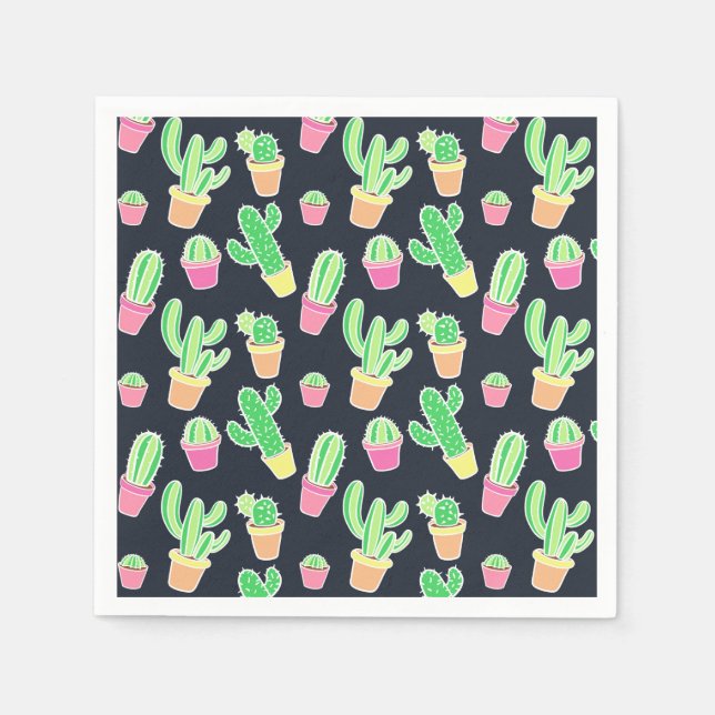 Neon Watercolor Cacti in Pots Pattern Napkin (Front)