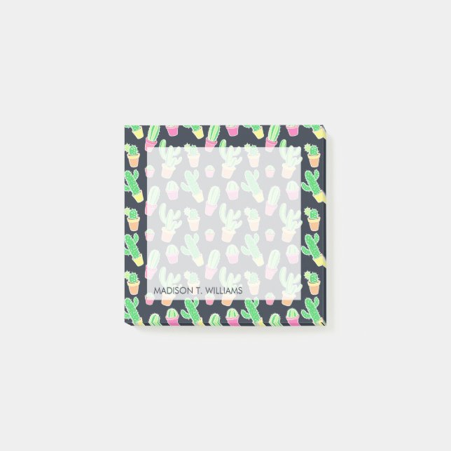 Neon Watercolor Cacti in Pots Pattern Post-it Notes (Front)