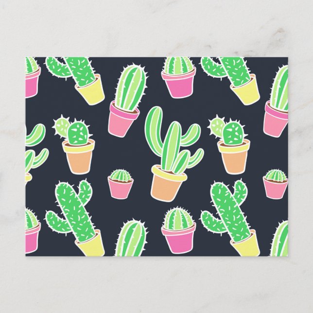 Neon Watercolor Cacti in Pots Pattern Postcard (Front)