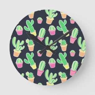 Neon Watercolor Cacti in Pots Pattern Round Clock