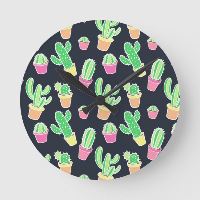 Neon Watercolor Cacti in Pots Pattern Round Clock (Front)