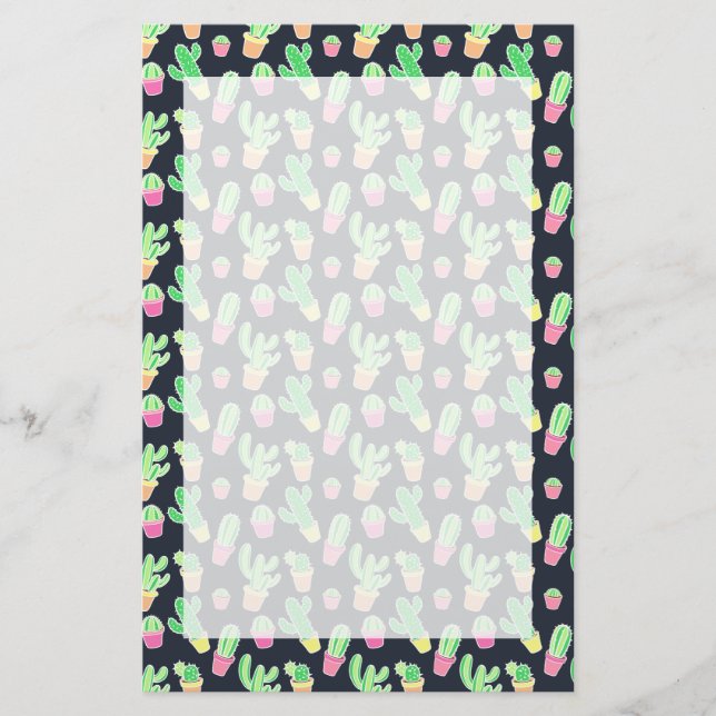 Neon Watercolor Cacti in Pots Pattern Stationery (Front)