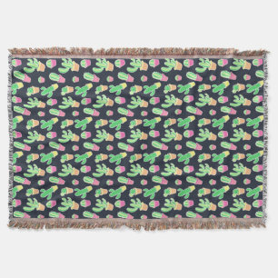 Neon Watercolor Cacti in Pots Pattern Throw Blanket