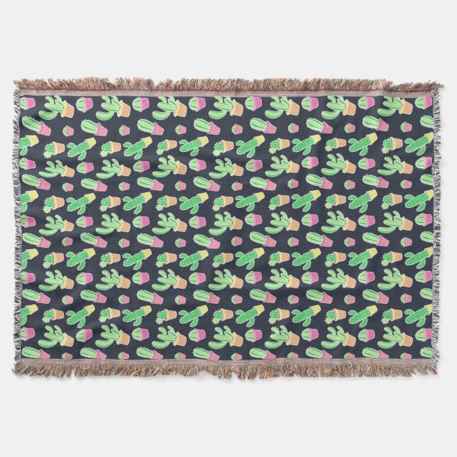 Neon Watercolor Cacti in Pots Pattern Throw Blanket (Front)