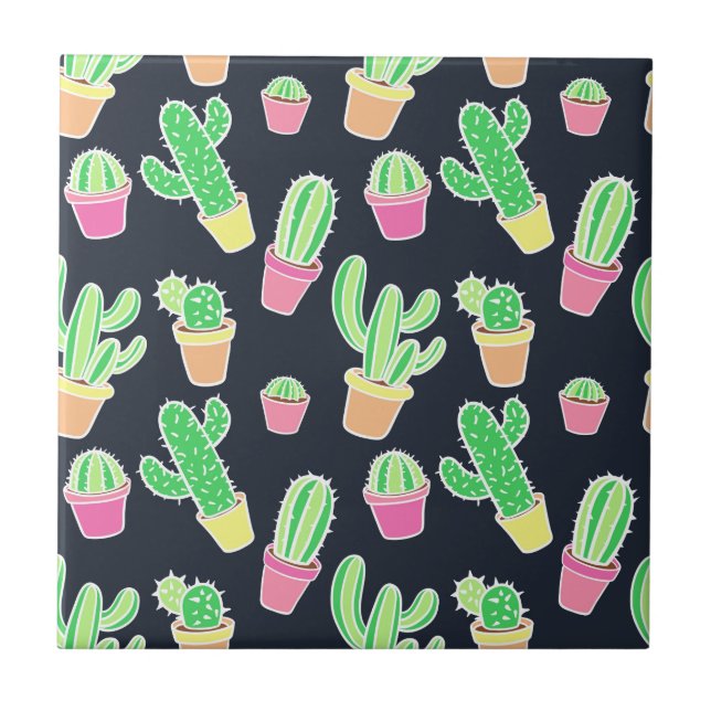 Neon Watercolor Cacti in Pots Pattern Tile (Front)