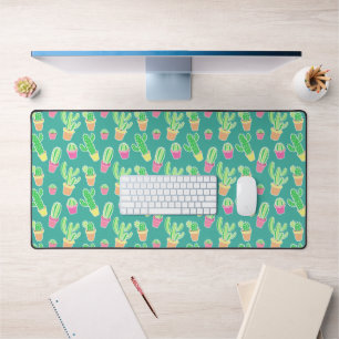 Neon Watercolor Cactus In Pots Pattern 2 Desk Mat