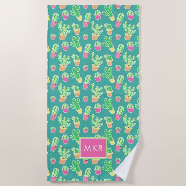 Neon Watercolor Cactus In Pots Pattern Beach Towel (Front)