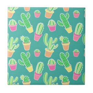 Neon Watercolor Cactus In Pots Pattern Ceramic Tile