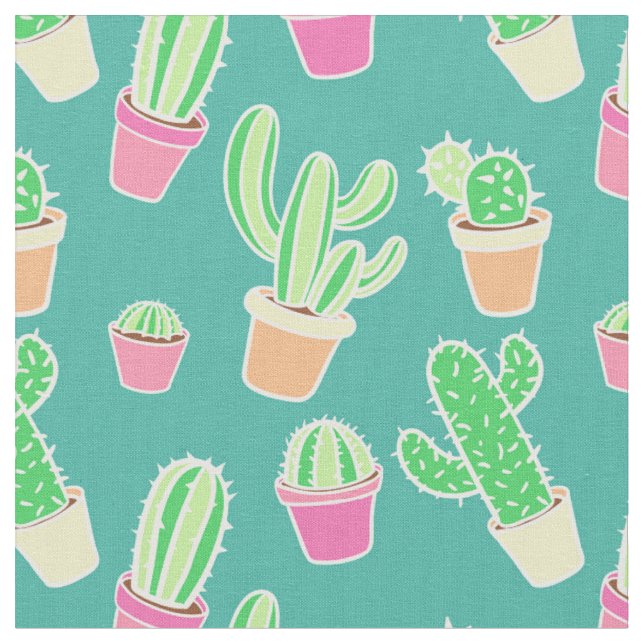 Neon Watercolor Cactus In Pots Pattern Fabric (Close Up)