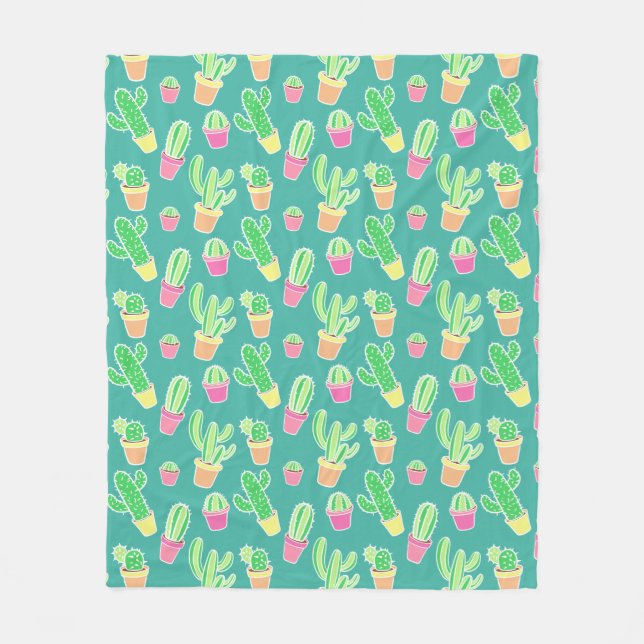 Neon Watercolor Cactus In Pots Pattern Fleece Blanket (Front)