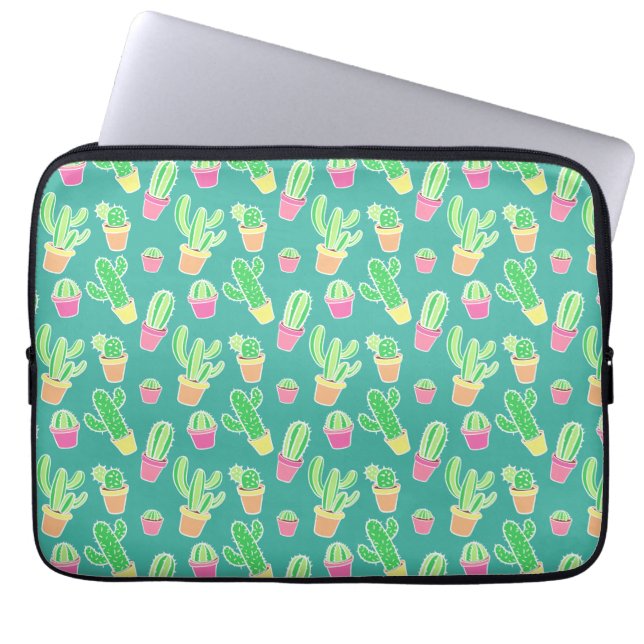 Neon Watercolor Cactus In Pots Pattern Laptop Sleeve (Front)