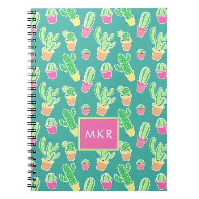 Neon Watercolor Cactus In Pots Pattern Notebook (Front)