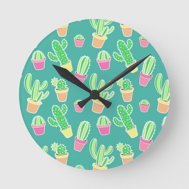 Neon Watercolor Cactus In Pots Pattern Round Clock (Front)
